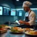 A futuristic kitchen in Kuwait with multiple screens displaying diet food prep software, a chef using a tablet, and labeled meal delivery bags.
